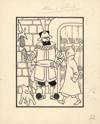 Hergé - Illustration originale pour un album à colorier, réalisée en 1944, accompagnée de son certificat d‘authenticité - Le Sceptre d‘Ottokar - Tintin
