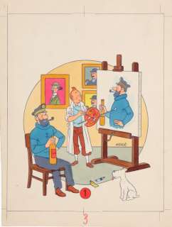 Hergé | Tintin, mise en couleur à l’aquarelle sur bleu… | Millon
