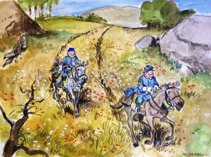 Aquarelle originale des TUNIQUES BLEUES - chevauchée de Blutch et Chesterfield - par LAMBIL