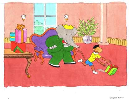 GIBERT Jean-Claude - Illustration originale de BABAR Jeu dans le Salon