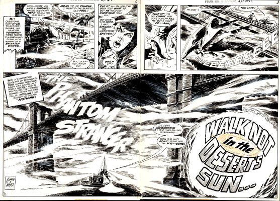 Jim Aparo | Phantom Stranger #11 P 2-3 Double Spread Splash (Awesome Spread with Phantom Stranger At Top Watching a Girl Fall Off a Bridge To Her Death?) 1971 | Romitaman
