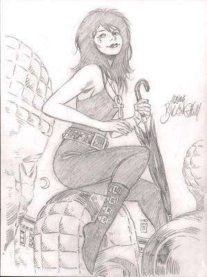 Mark Buckingham | Death (Sandman) Sitting on Statues with Umbrella Pencil Art - Signed | Anthony’s Comic Book Art