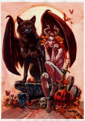 Dan Brereton | ’Wolfwing’ Detailed Portfolio Plate Painting For ’By the Blade’ Or ’Swordplay’ (Sexy Nude Horned Babe & Winged Wolf!) | Romitaman