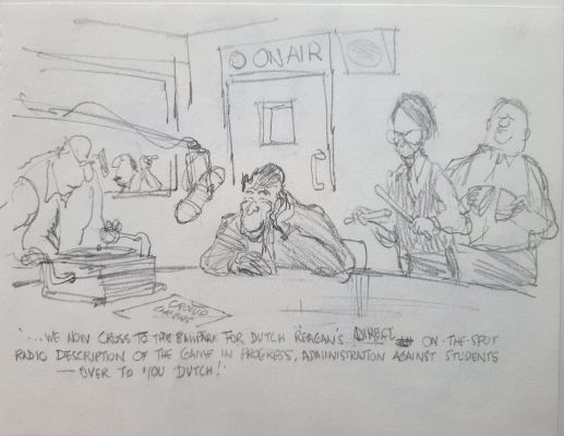 Pat Oliphant | Oliphant, Patrick - Political Cartoon Double Sketch, Reagan Off the Cuff Radio W/ Backup + Helmet Figure Designs | Cool Lines Art