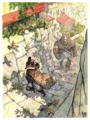 Henrichon Niko | Aquarelle préfigurant Fang escaliers | Galerie Napoléon