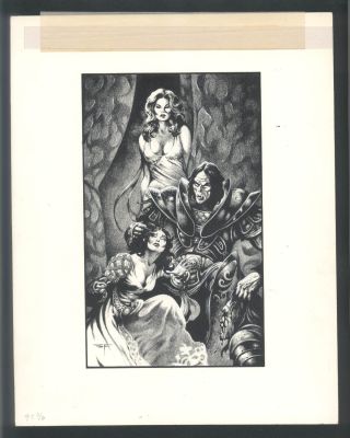 Stephen Fabian | Excellent Fabian Book Illustration Art - Demon Warlord with 2 Sexy Women | Koch Comic Art