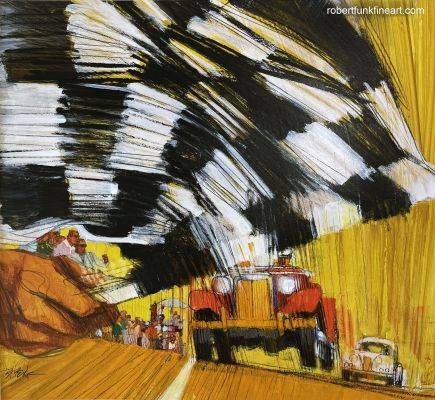 Bob Peak, Robert Peak | Bob Peak , Motorsport Car Racing with Checkered Flag At Finish Line of a Race Track, 1964 | ComicArtFans Classifieds