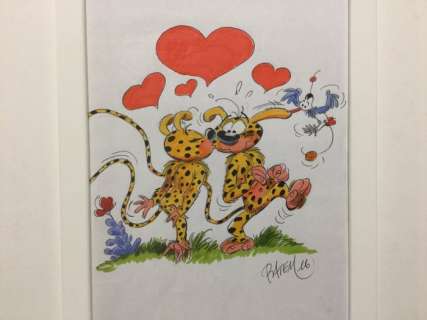 Batem (Collin, Luc) - Dessin original en couleur - Marsupilami...in love!  - Page volante (2016) | Catawiki