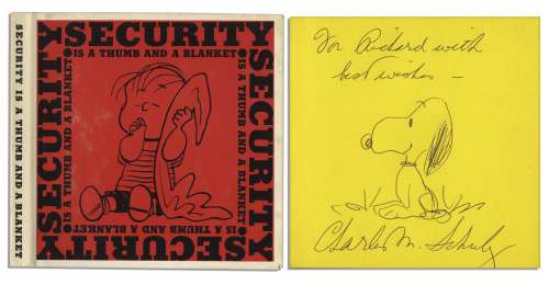 Charles Schulz Hand-Drawn Sketch of Snoopy -- Drawn Within His Signed ’’Peanuts’’ Book, ’’Security is a Thumb and a Blanket’’ -- Fine | Nate Sanders