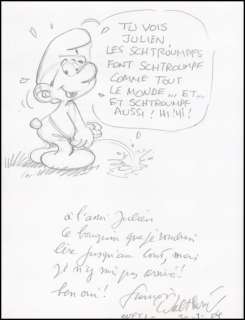 Walthéry. Dessin dédicacé Peyo l’enchanteur | BDEnchères