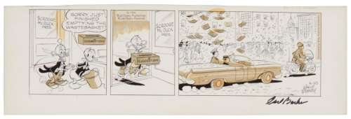 Carl Barks (1901-2000), "Scrooge McDuck" comic strip, 1966, Pencil, ink, and Zipatone on paper, Image: 5" H x 18" W; Sheet: 6.5" H x 21.125" W | misc / divers