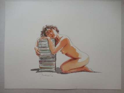 Bosschaert, Jan - Originele tekening in kleur (aquarel) - Meisje met stapel boeken (2006) | Catawiki