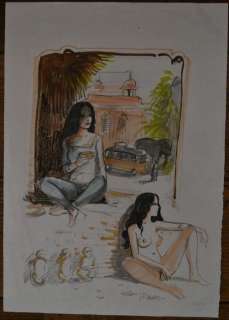 India Dreams - Crayonné original rehaussé d’aquarelle - Emy et les 3 singes | Catawiki