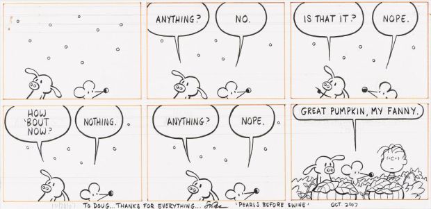 Stephan Pastis after Charles Schulz, (b. 1968), Pearls Before Swine, Peanuts The Great Pumpkin Sunday comic strip. 2007. | Swann Galleries