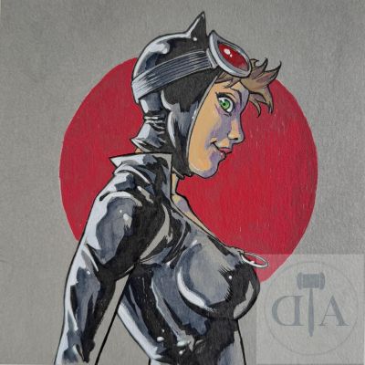 Bessadi/Catwoman. Dessin original de la belle. Encre de Chine et feutres de couleurs. TBE+. 16 X 20 cm - Lot 449 :