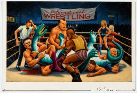 XNO 1988 Topps Dinosaurs Attack Card #40 "Wrestling Riot" Painting Original Art (Topps, 1988). | Heritage