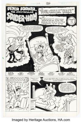 Joe Albelo and Pierre Fournier Marvel Tales #208 Spider-Ham Story Page 1 Original Art (Marvel, 1987).