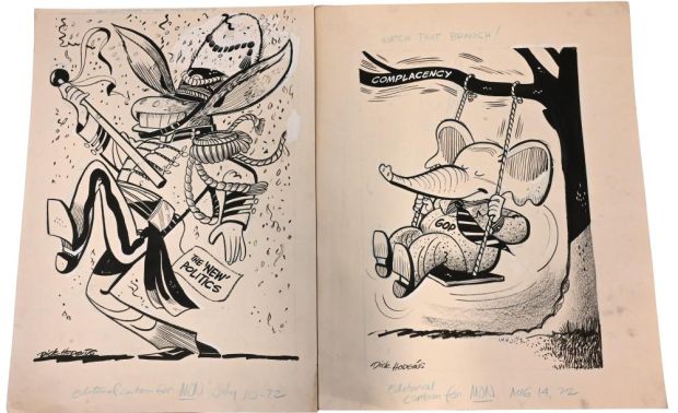 Lot 64 - 9 Dick Hodgins (American 20th Century), Original Editorial Cartoons Nine original pen and ink editorial cartoons on… | misc / divers