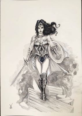 Vu Tran | Wonder Woman Black-and-White Watercolor Illustration | Raremarq (Buy It Now)