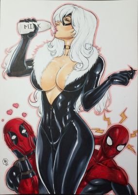 Lanio Sena | Black Cat, Spider-Man, and Deadpool Illustration "9x12" A4 | Raremarq (Buy It Now)