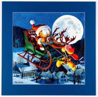 Jim Davis Studio - Garfield Christmas Painting Original Art (undated). Garfield Claus guides his sleigh with Odie - | Heritage