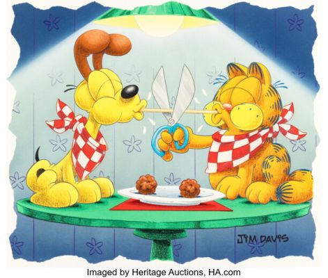 Jim Davis Studio - Garfield and Odie with Spaghetti Illustration Original Art (c. 1990s). | Heritage