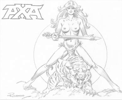 Axa & The Tiger - Original, erotic, pencil drawing - Signed by Romero - Pencil Art | Catawiki