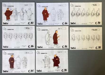 Hergé | Tintin T20 - Ensemble de 8 Celluloides gouache - Tintin au Tibet - Les moines - (1990) | Catawiki