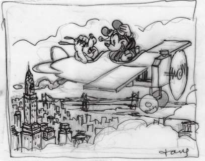 Tony Fernandez, Disney Artist | Mickey and Pluto Flying Over The City - Original Sketch - Tony Fernandez | Catawiki