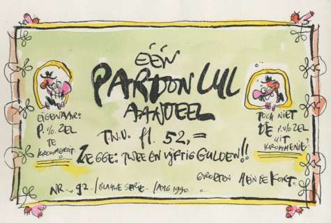 De Kort, Hein | De Kort, Hein - Originele tekening in kleur - Één Pardon Lul aandeel - (1990) | Catawiki