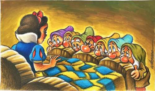 Joan Vizcarra | Snow White Meeting The Seven Dwarfs - Acrylic Painting - Joan Vizcarra - Original Art - 50 x 30 cm | Catawiki