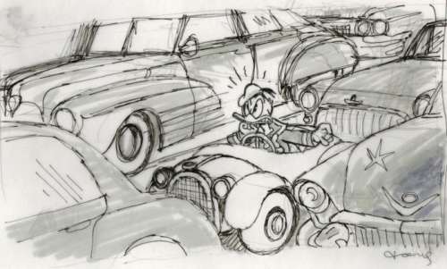 Tony Fernandez, Disney Artist | Donald Duck Angry in Traffic - Original Preliminary Sketch - Tony Fernandez Signed | Catawiki