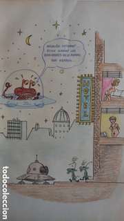 Pat Mallet. (1939-2012)Dibujo original 30 x 21 ctms. con hombrecillo verde. Marciano