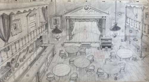 Morris / Studio Morris / Studio Belvision - | Morris / Studio Morris / Studio Belvision - Original pencil sketch - The Daisy Town Saloon interior - (1970) | Catawiki