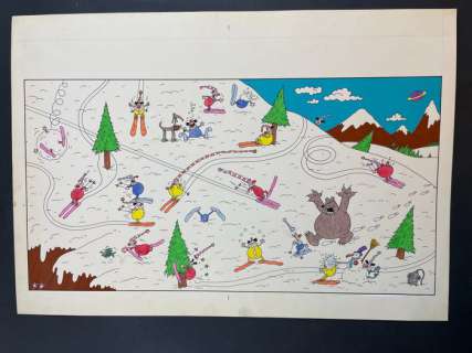 Massimo Mattioli | Massimo Mattioli - illustrazione originale "Pagliacci Sciatori" - Page volante - Exemplaire unique | Catawiki