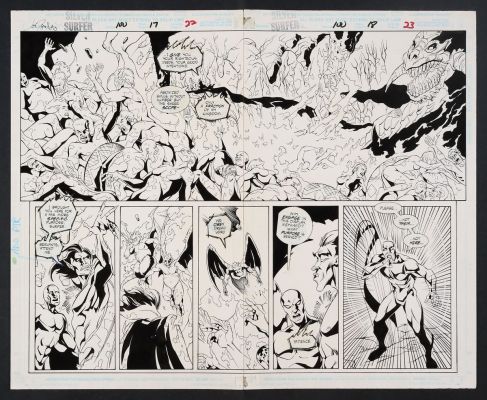 Bob Almond, Joe Phillips | Original Art from Silver Surfer #100 (1995) Pages 22-23 Pencils by Joe Phillips, Inks by Bob Almond | mycomicshop.com (Buy It Now)