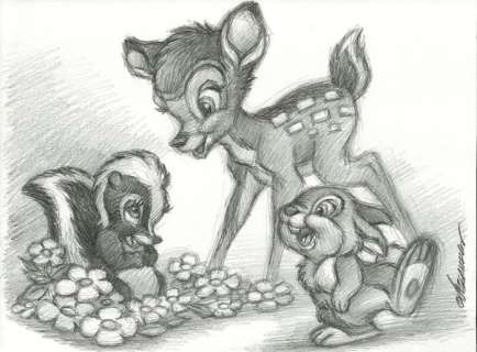 Joan Vizcarra | Bambi, Thumper & Flower - Original Drawing - Joan Vizcarra Signed - Pencil Art - Original Artwork | Catawiki