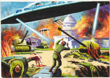 Norman Saunders Mars Attacks Card #5 "Washington in Flames" Original Art (Bubble Inc./Topps, - | Heritage