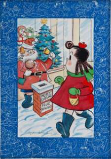 John Stanley Marge‘s Little Lulu and Tubby Christmas Painting Original Art (1983). This colorful painting of a -