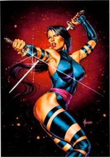 Joe Jusko Marvel Masterpieces Psylocke Trading Card Original Art (Marvel, 1992). The one-and-only Psylocke brandishes -