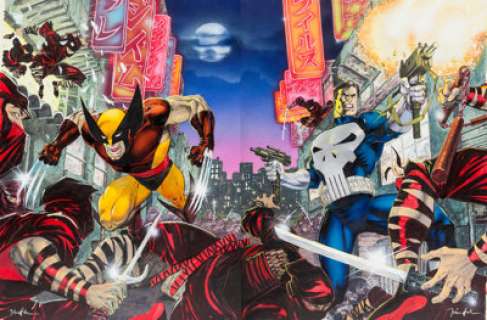 Jim Lee A Bad Night For Ninjas Wolverine and Punisher Matching Set Illustration Original Art Group (1989). - | Heritage