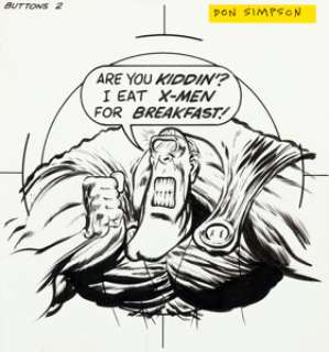 Don Simpson - Megaton Man Button Illustration Original Art (Kitchen Sink Press, 1984).