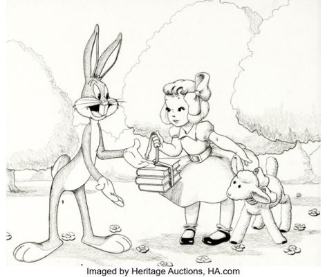Robert McKimson and Richard Thomas Bugs Bunny in Storyland Bugs with Mary and her Little Lamb Penciled Illustration Original Art (Warner Brothers/Capitol Records, 1949). | Heritage
