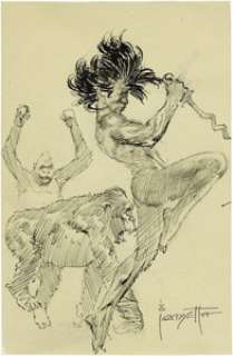 Frank Frazetta - Ape Dance Sketch Original Art (undated). A savage figure, with his knife drawn, dances with two - | Heritage