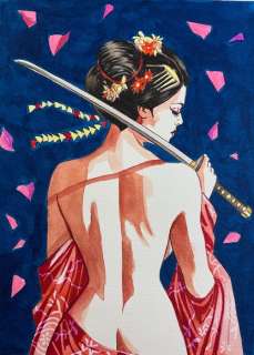Candita, Giuseppe - 1 Original colour drawing - Geisha "La guerriera dai petali del Ciliegio" | Catawiki