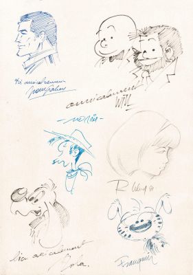 Collectif | Lot 186 - Ensemble de 6 dédicaces sur carton (Franquin, Morris, Leloup, Will, Roba et Graton). | Septimus