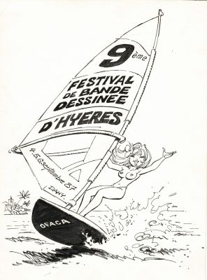 Dany | Colombe et les plaisirs de l’eau, dessin original à l’encre de chine réalisé pour l’affiche du festival de bande dessinée d’Hyères. | Septimus
