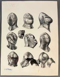 Funcken, Fred & Liliane - 1 Original colour drawing - L’uniforme et les armes - Heaumes du XVe siècle - 1969 | Catawiki