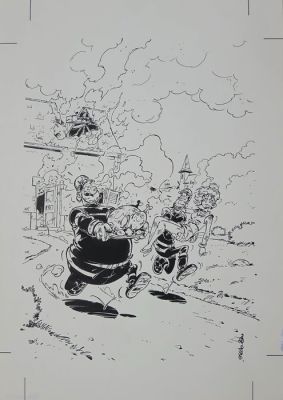 Stédo (Dauvin, Stéphane) - 1 Original cover + 2 preliminary drawing - Les Pompiers - Hommes au foyer - 2003 | Catawiki