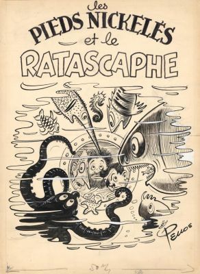 René Pellos - Couverture originale, accompagnée de sa mise en couleurs à la gouache - Les pieds Nickelés et ratascaphe - Les Pieds-Nickelés